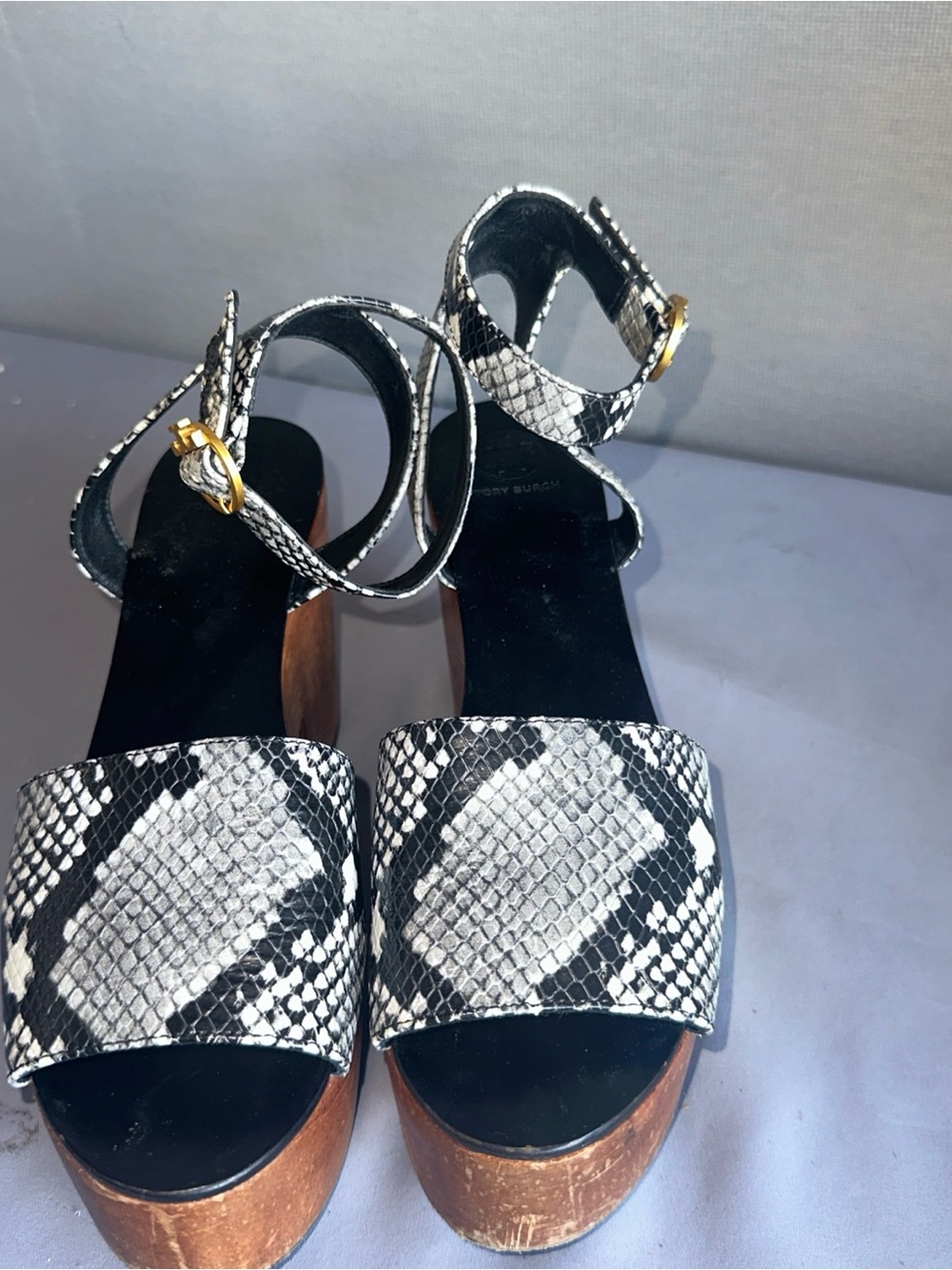 Tory Burch Black & White Snake-Print Platform Sandals
